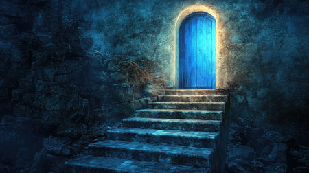 Stairs leading to a glowing blue door, a concept of ambition, opportunity, and business progressの素材