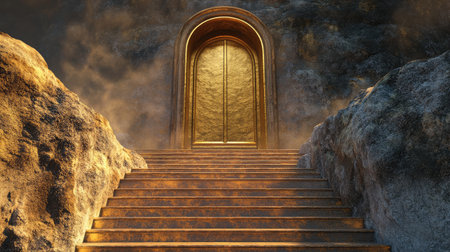 Stairs stretching toward a golden door, symbolizing the path of perseverance and success in businessの素材