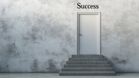 Steep stairs with a closed door marked "Success" at the top, symbolizing business ambition and progressの素材