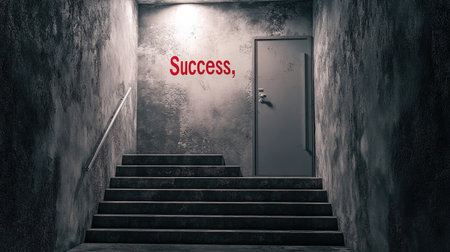 Stairs winding up to a door labeled "Success," symbolizing the long journey and determination needed for business triumphの素材