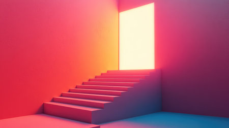 Stairs rising to a luminous door, a visual metaphor for career milestones and reaching new heights in businessの素材