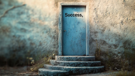 Stairs winding up to a door labeled "Success," symbolizing the long journey and determination needed for business triumphの素材
