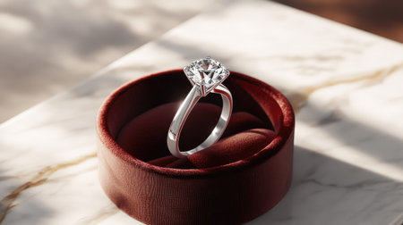 A classic diamond ring in a velvet box, set on a marble surface, with soft shadows for a touch of eleganceの素材