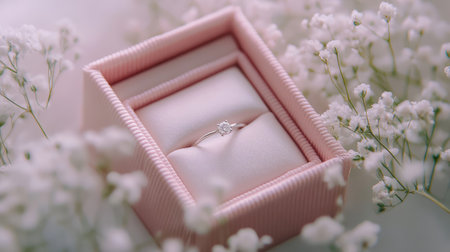 A simple diamond ring in a pale pink velvet box, surrounded by baby's breath flowers, evoking tenderness and loveの素材