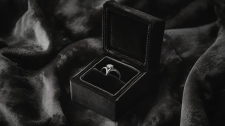 An elegant diamond ring in a black velvet box, placed on a velvet cloth, exuding luxury and sophisticationの素材