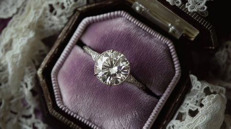 A radiant diamond ring in a pale purple velvet box, surrounded by delicate lace, exuding charm and timeless eleganceの素材