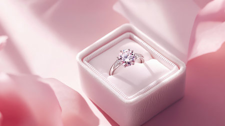 A diamond ring in a white velvet box, adorned with silver accents, placed against a soft pink background, romantic and charmingの素材