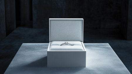 Diamond engagement ring in a pristine white velvet box, displayed with elegance and simplicity, symbolizing a new beginningの素材
