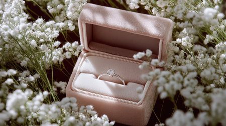 A simple diamond ring in a pale pink velvet box, surrounded by baby's breath flowers, evoking tenderness and loveの素材