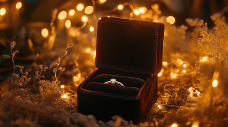 A velvet box with a solitaire diamond ring, surrounded by soft twinkle lights, creating a dreamy proposal sceneの素材
