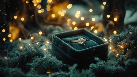 Velvet box with a brilliant diamond ring, surrounded by golden fairy lights, creating a magical and enchanting sceneの素材
