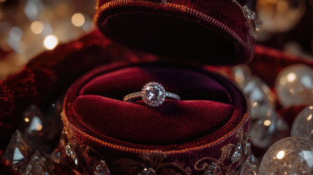 Velvet box with a diamond ring surrounded by glittering crystals, symbolizing everlasting love and sparkleの素材
