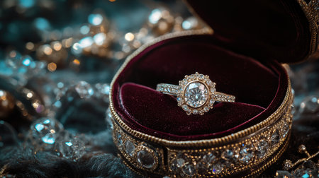 Velvet box with a diamond ring surrounded by glittering crystals, symbolizing everlasting love and sparkleの素材