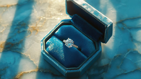 Close-up of a sparkling diamond ring in a luxurious blue velvet box, placed on a smooth marble surface, elegant and timelessの素材