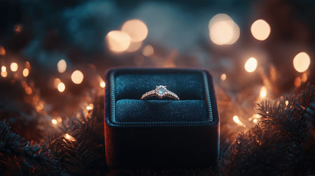 Velvet box holding a diamond ring, surrounded by soft bokeh lights, creating a romantic and dreamy atmosphereの素材