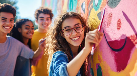 Mixed group of teenagers painting a community mural together, their smiles and creativity shining.の素材