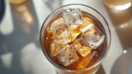 Focused top view of iced coffee in a clear glass, with melting ice cubes, on a sleek modern tabletop.の素材