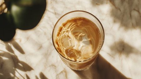 Aerial shot of a glass of iced coffee with creamy swirls, placed on a marble table, sunlight streaming in from one side.の素材