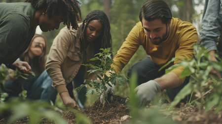 Young adults of varying racial backgrounds planting trees together, emphasizing environmental unity and teamwork.の素材