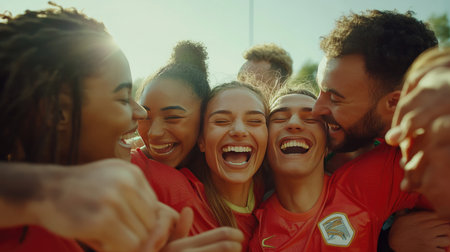 Diverse sports team celebrating a win, hugging and high-fiving, showing camaraderie and shared goals.の素材