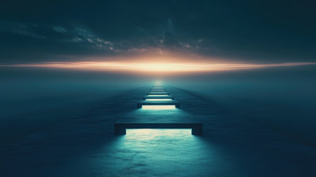 A pathway in a field, with light gradually focusing on the horizon, symbolizing strategic vision.の素材