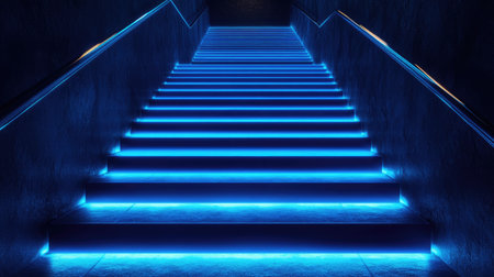 Conceptual image of a staircase, each step glowing with light, highlighting essential strategies.の素材