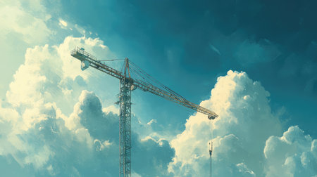 Modern construction crane extending high into the sky, with clouds and blue hues creating a sense of infinite possibilityの素材