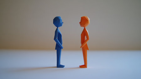 Colorful chain of paper people facing each other in pairs, expressing collaboration and open communicationの素材