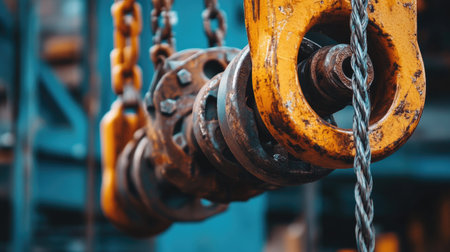 Close-up of a crane metal pulley system, showing the intricate mechanics and strength needed to lift tons of materialの素材
