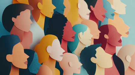 Group of diverse paper people gathered closely, heads tilted toward one another, symbolizing inclusive conversationsの素材