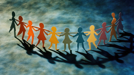 Paper cutout figures holding hands in a circle, each a unique color, representing the strength of diversity and unityの素材