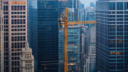 Construction crane nestled among skyscrapers, highlighting the contrast between finished and unfinished architectural marvelsの素材