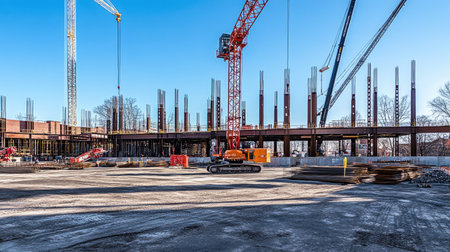 Industrial scene with multiple cranes working on a large construction project, framed by steel beams and concrete foundationsの素材