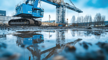 Blue construction crane reflected in a puddle of water, adding a unique perspective to an industrial landscapeの素材