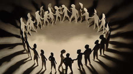 Close-up of paper figures arranged in a supportive circle, with shadows on the background to enhance depthの素材