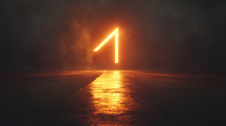 Business concept with a glowing arrow path, leading to a bright focus point of light in the distance.の素材