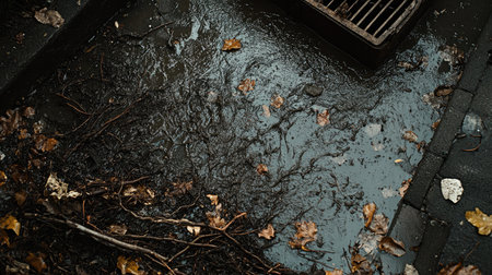 Overflowing urban drain with muddy rainwater surging over it, wet leaves and twigs scattered aroundの素材