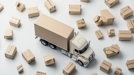 Model truck with cardboard boxes of varying sizes scattered around, isolated on a clean white background, symbolizing shippingの素材