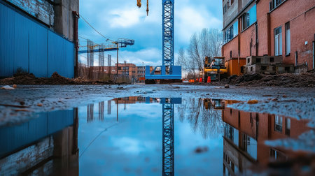 Blue construction crane reflected in a puddle of water, adding a unique perspective to an industrial landscapeの素材