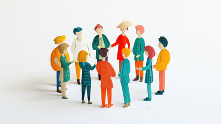 Paper people in a standing circle, all leaning in as if sharing stories, on a simple white backgroundの素材