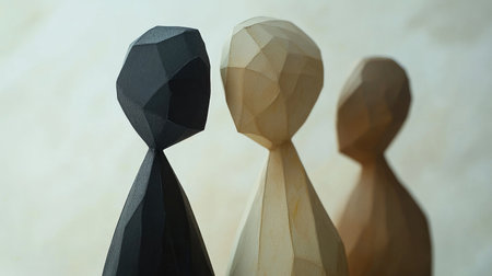 Paper figures standing close together, leaning in as if sharing ideas, representing community and dialogueの素材