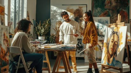 Portrait of a mixed group of artists painting side by side in a sunny studio, their works reflecting cultural themes.の素材