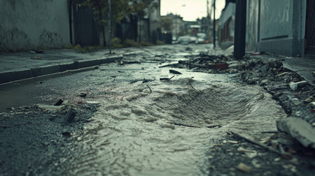 Overflowing drain surrounded by scattered debris, muddy water streaming onto the asphalt streetの素材