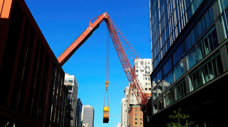 Towering construction crane lifting heavy steel beams against a clear blue sky, framed by modern urban architectureの素材