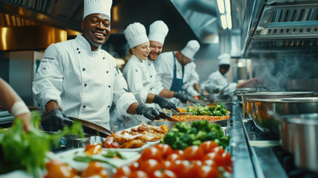 A diverse group of chefs in a professional kitchen, preparing a multicultural feast, full of flavor and laughter.の素材