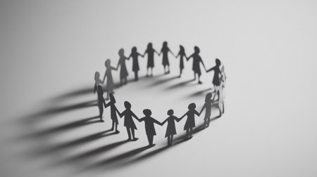 Minimalist image of paper people standing in a tight circle, leaning toward each other with gestures of unityの素材
