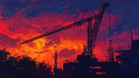 Silhouette of a crane in operation at twilight, with the colors of the sky reflecting the busy progress belowの素材