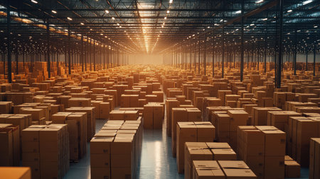 Expansive warehouse environment with rows of parcel boxes stacked high, representing the online shopping supply chainの素材