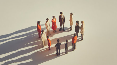 Paper people in a standing circle, leaning forward as if listening intently, shadows cast on a white backgroundの素材