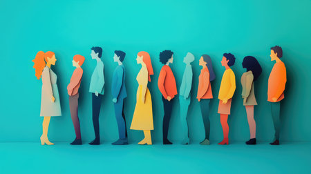 Paper cutout people standing shoulder to shoulder in a semi-circle, leaning in as if listening and connectingの素材